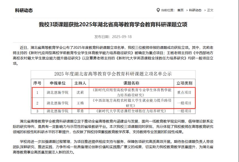 湖北恩施学院音乐与体育学院两项课题获批2025年湖北省高等教育学会教育科研课题立项